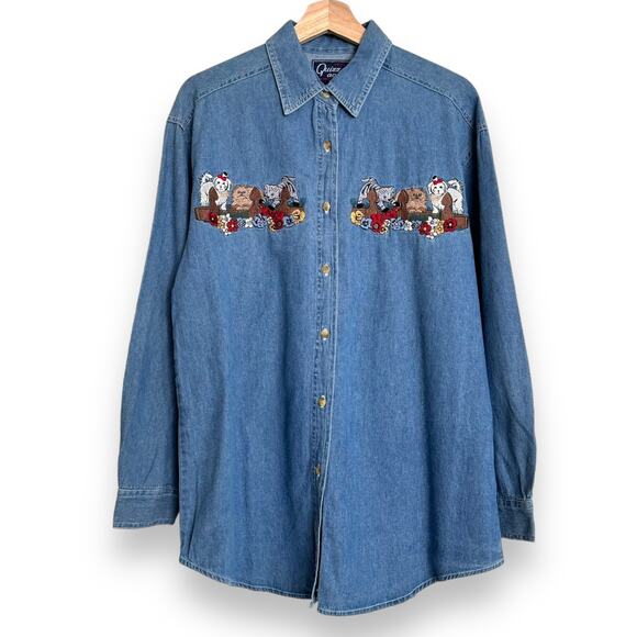 Vintage Quizz New York Cat and Dog Embroidered Grandma Denim Shirt Womens Size M - Picture 1 of 7